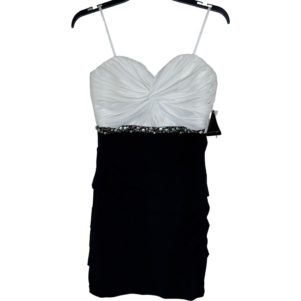 City Triangles Mini Dress Women Large Ivory Black Beaded Ruched Sweetheart
